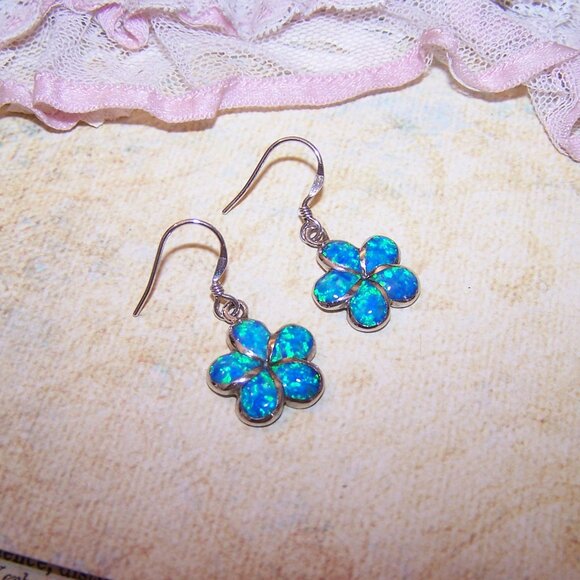 Vintage Sterling Silver Lab Opal Inlay Dangle Earrings - Daisy Design - Picture 6 of 8